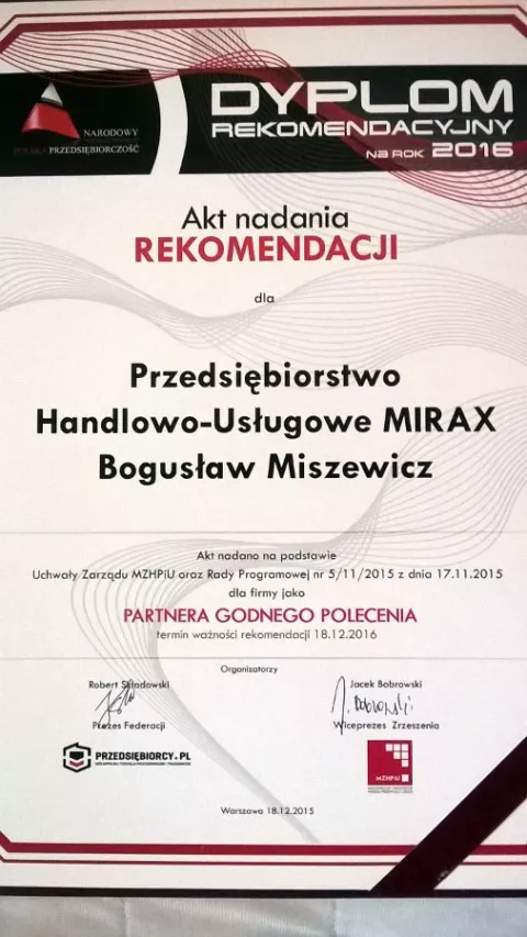 Firma MIRAX Partner Godny Polecenia