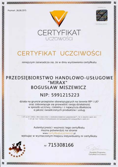 Certyfikat Uczciwości 2015