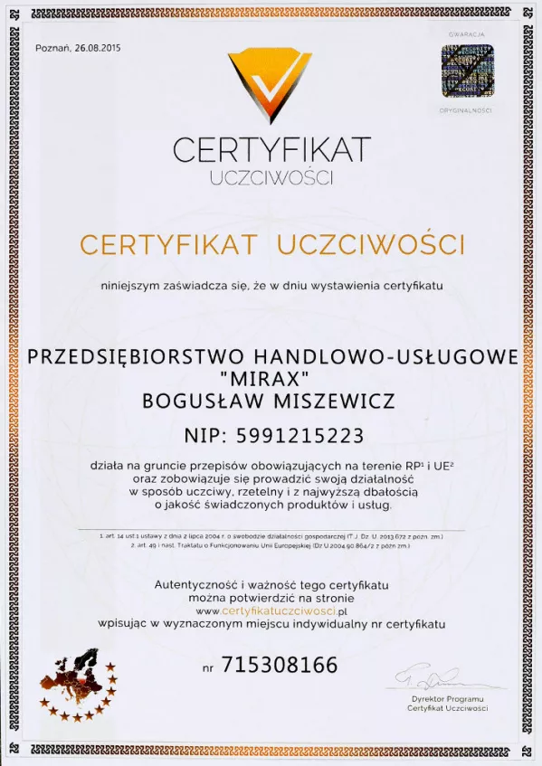 Certyfikat Uczciwości 2015
