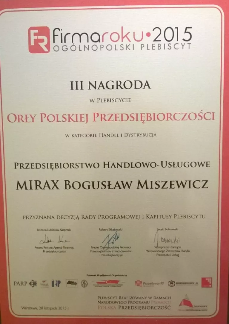 III Nagroda w Plebiscycie Orły Polskiej Przedsiębiorczości 2015 dla firmy Mirax